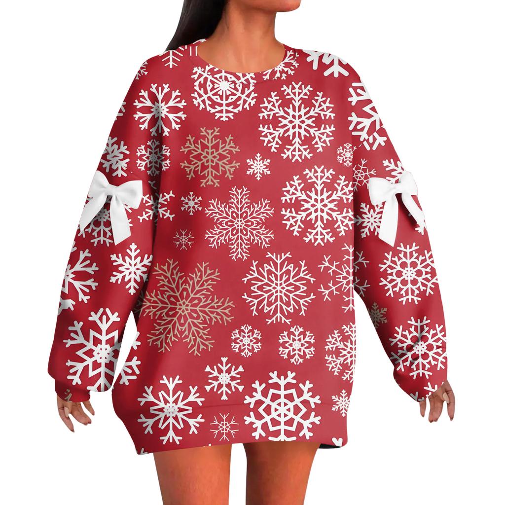 Ladies' Christmas Printed Bow Round Neck Long Sleeved Loose Pullover Sweater Sweatshirt Top