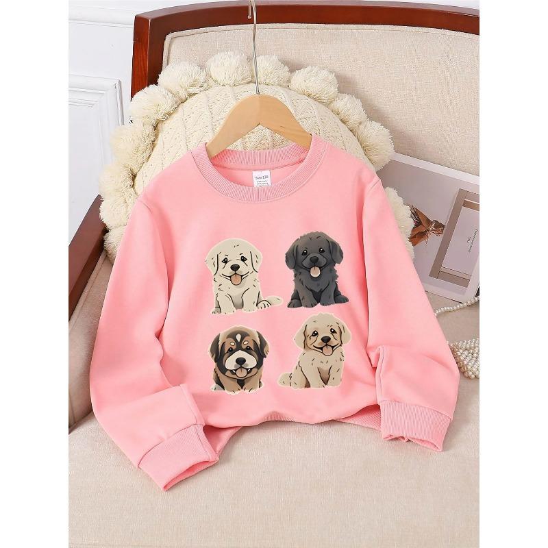 Kids Unisex Crewneck Sweatshirt, Four Cute Fluffy Puppy Cartoon Print Soft Fleece Pullover For Kids Over 4 Years Old