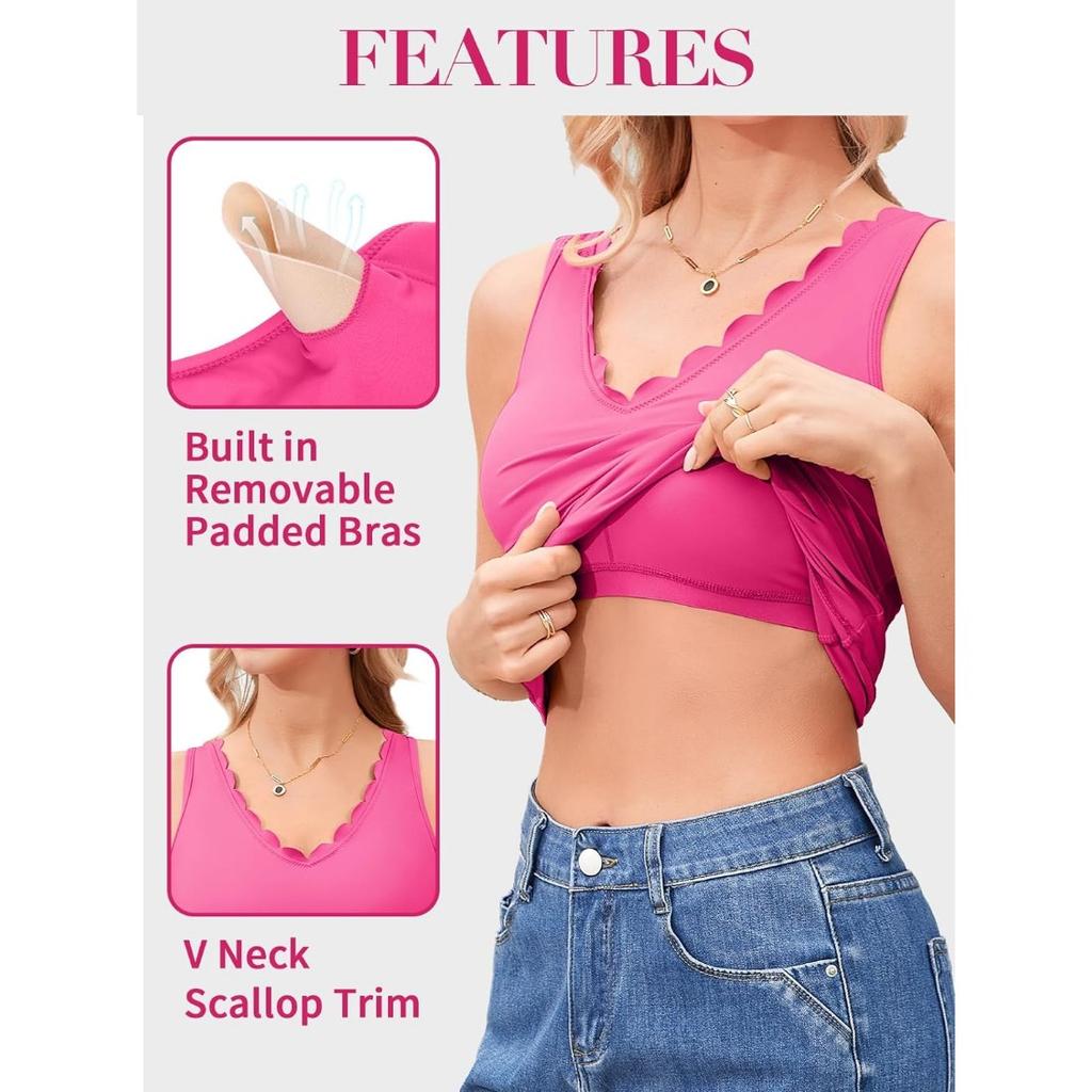 CHARMLEAKS Women's V Neck Tank Tops with Built In Bras Summer Scallop Trim Camisole Top Basic Undershirt