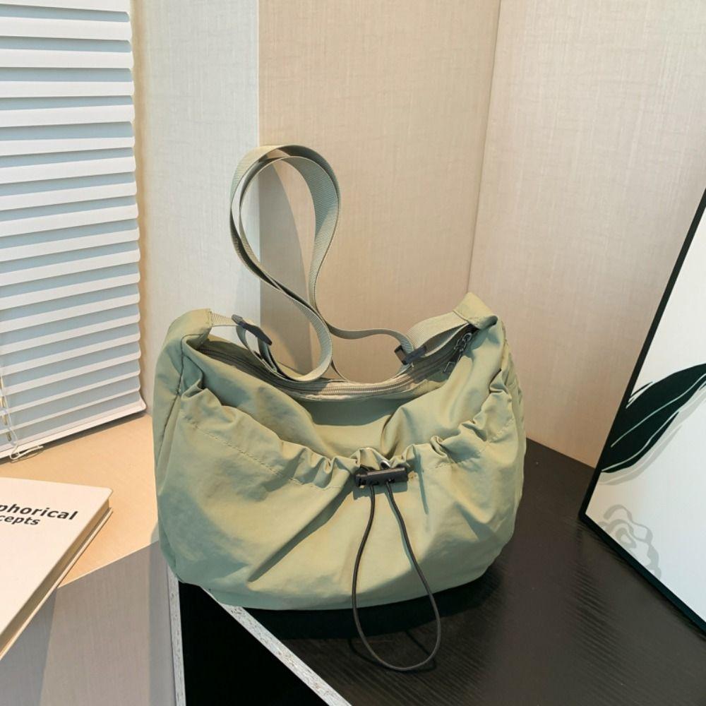 Solid Color Drawstring Bucket Bag Adjustable Shoulder Straps Canvas Crossbody Bag Office Worker