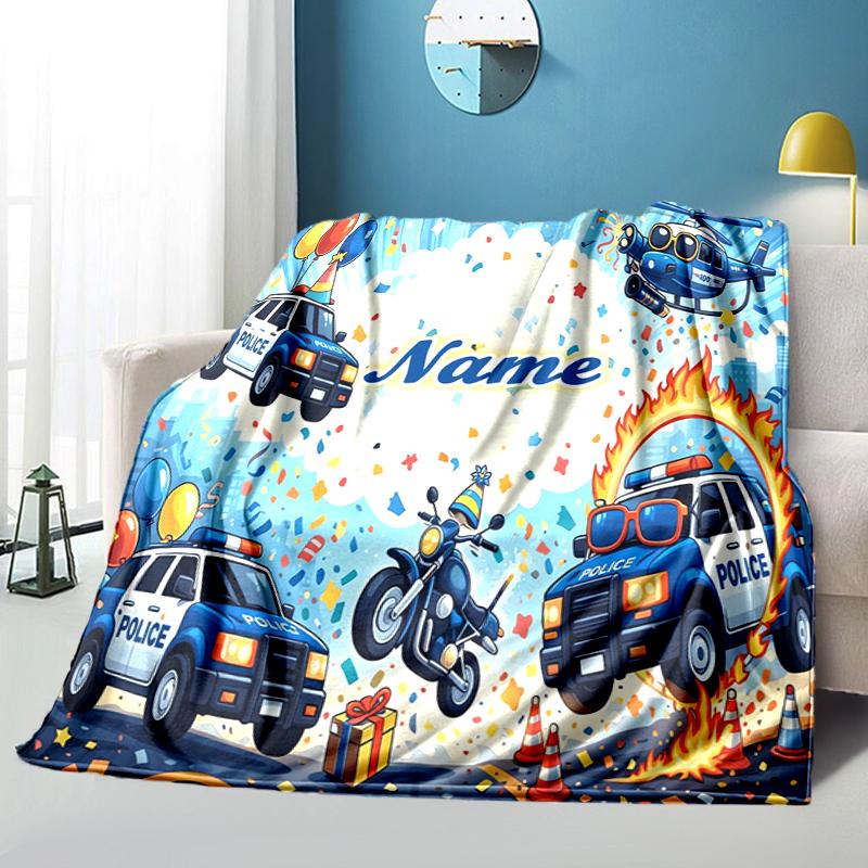 1PC Custom Name Police Party Celebration flannel blanket versatile,all-season throw suitable for the living room,bedroom,camping,travel,and gift