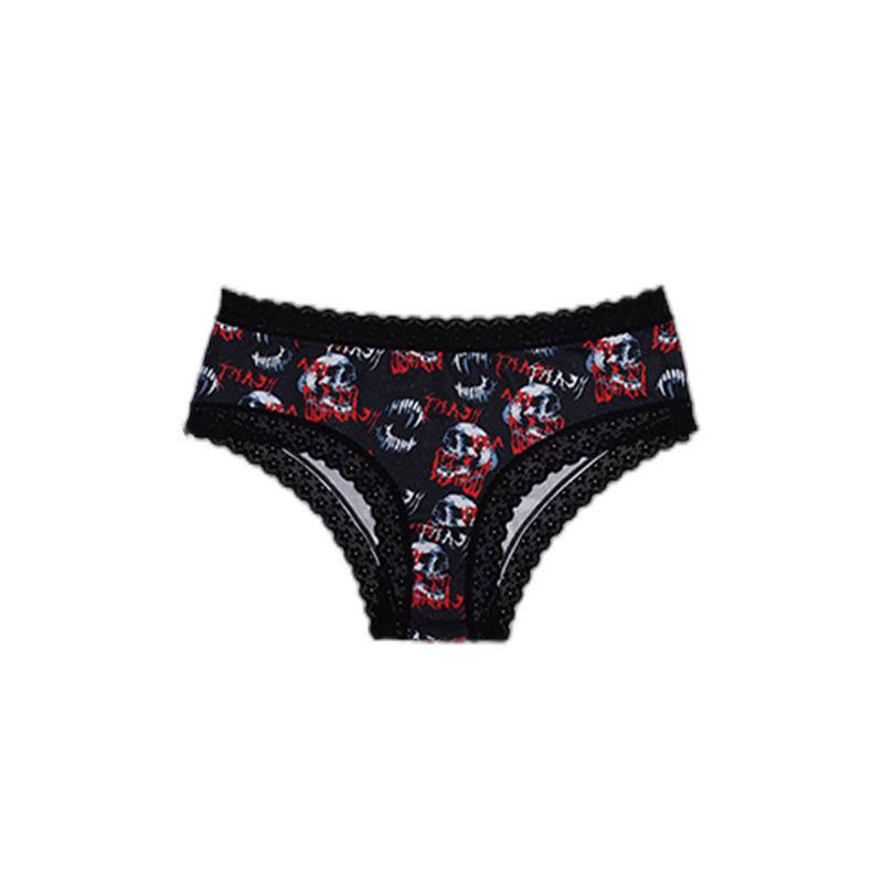 2PCS Women s Mid Waist Briefs Skull/Rose Print Lace Trim High Stretch Comfortable Sexy Summer Ladies Underwear S