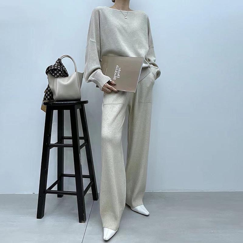 Costume deux pièces tricoté pour femme: Ensemble Pull Ample à Manches Chauve-Souris et Pantalon Large Automne/Hiver 2024