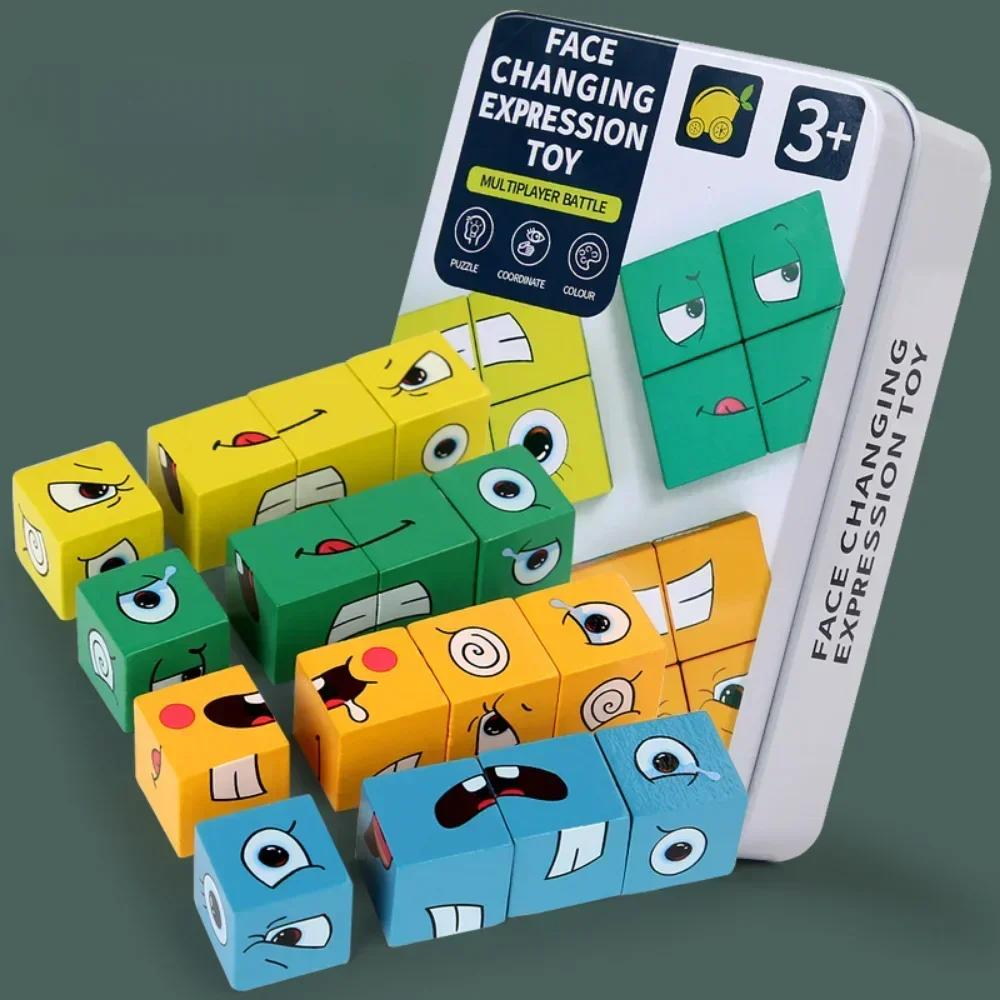 Cube Face Changing Wood Puzzle Building Blocks Board Game Montessori Expression Wooden Blocks Blocos For Children Kids Toys Gift