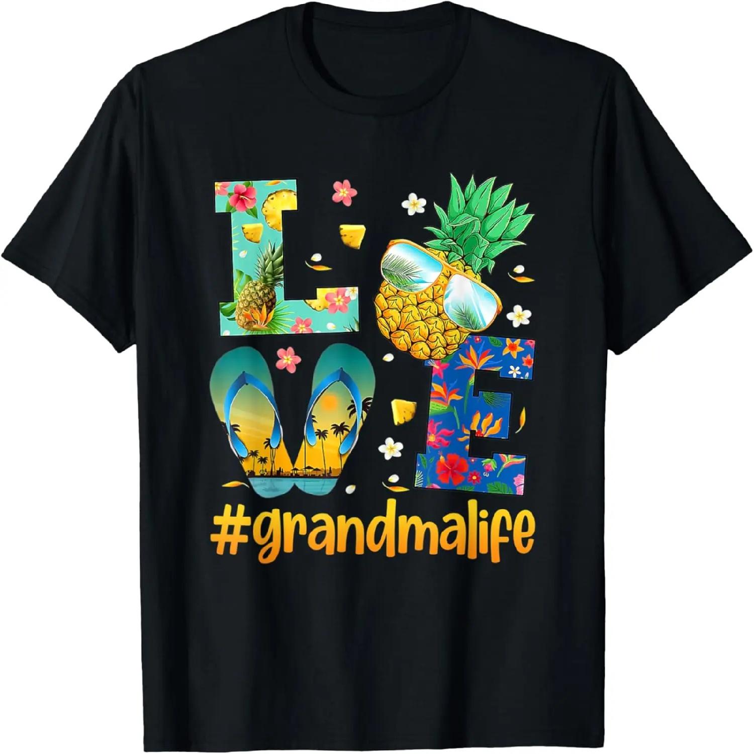 Love Grandma Life Flip Flops Sunglasses Pineapple Summer T-Shirt S
