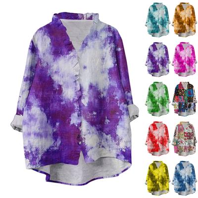 Women's Loose Ruffled Floral Print Stand Collar Long Sleeve Cotton And Linen Top
