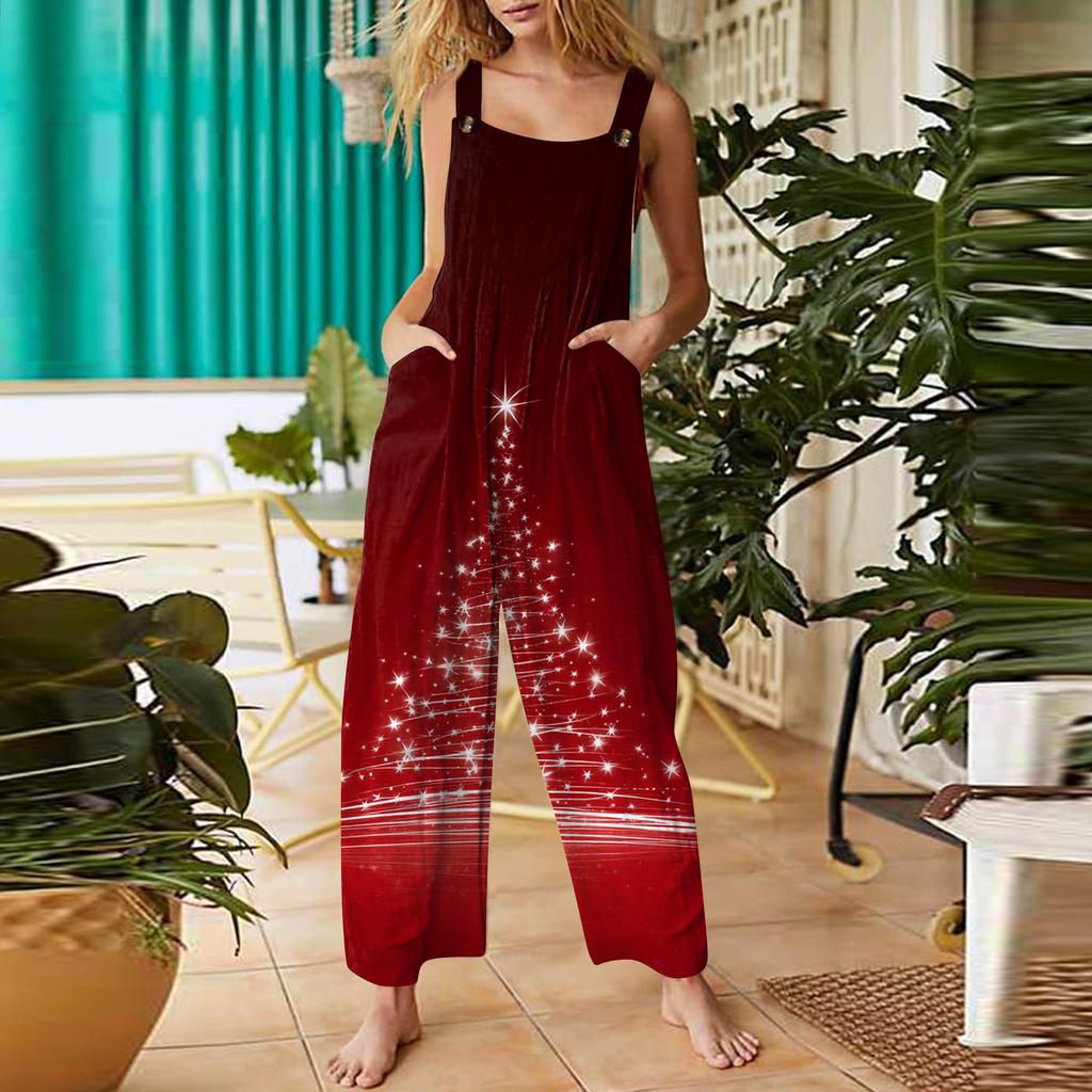 Women's Casual Jumpsuit Sleeveless Christmas Printed Cotton Jumpsuit