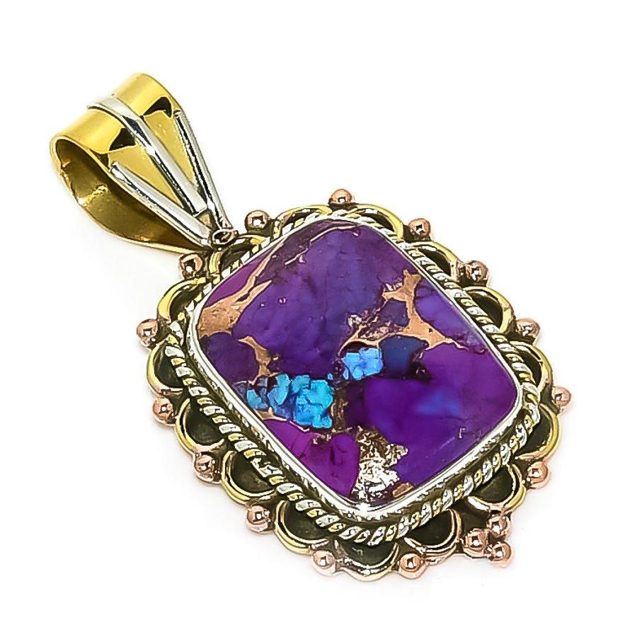 Natural Copper Purple Turquoise 925 Sterling Silver Two Tone Pendant 1.50'' m0N70