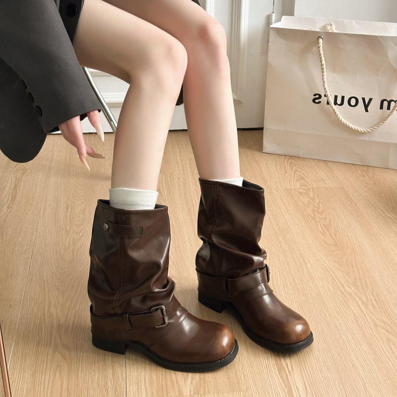 Fashion Western Autumn and Winter Rub Pleated Women's Pants Tube Spice Girls New Knight Boots Boots Short Boots Cowboy Boots Vintage Pile