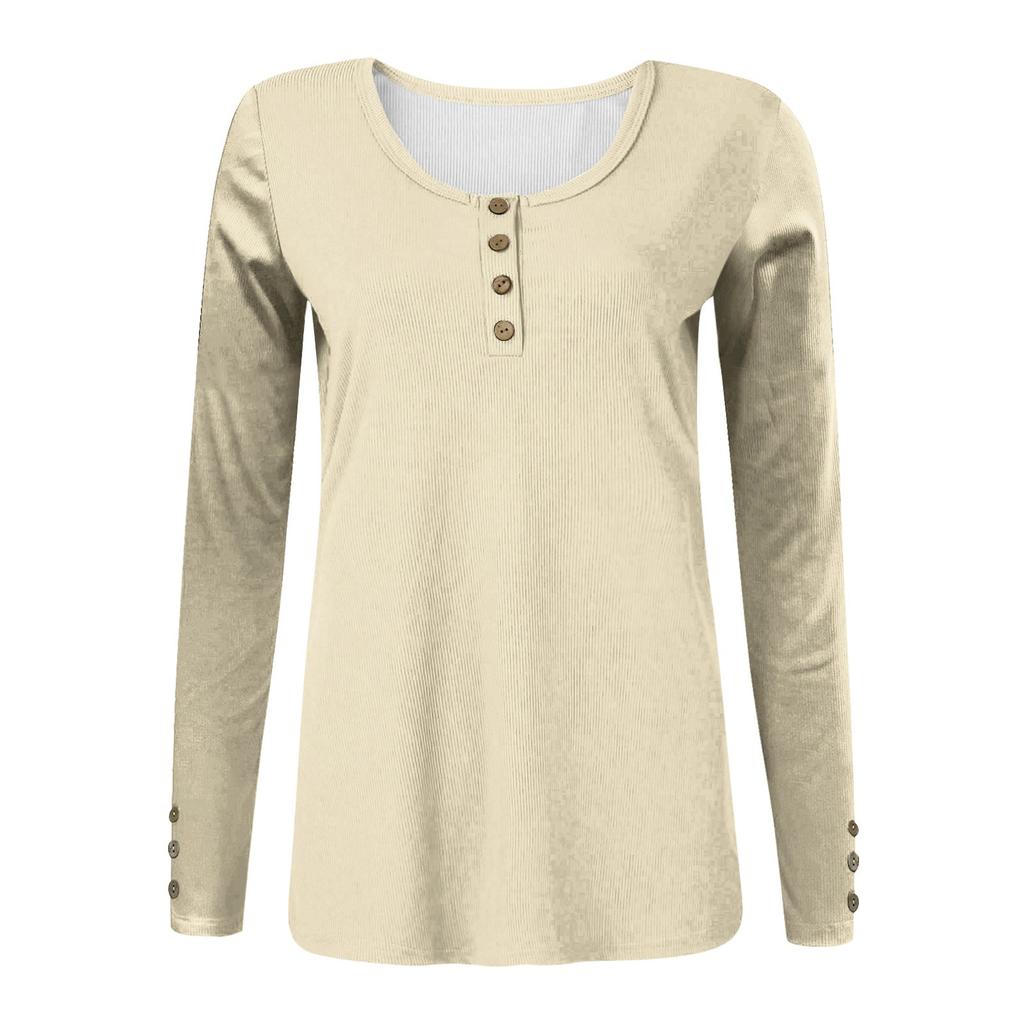 Camiseta feminina casual lisa manga longa botão