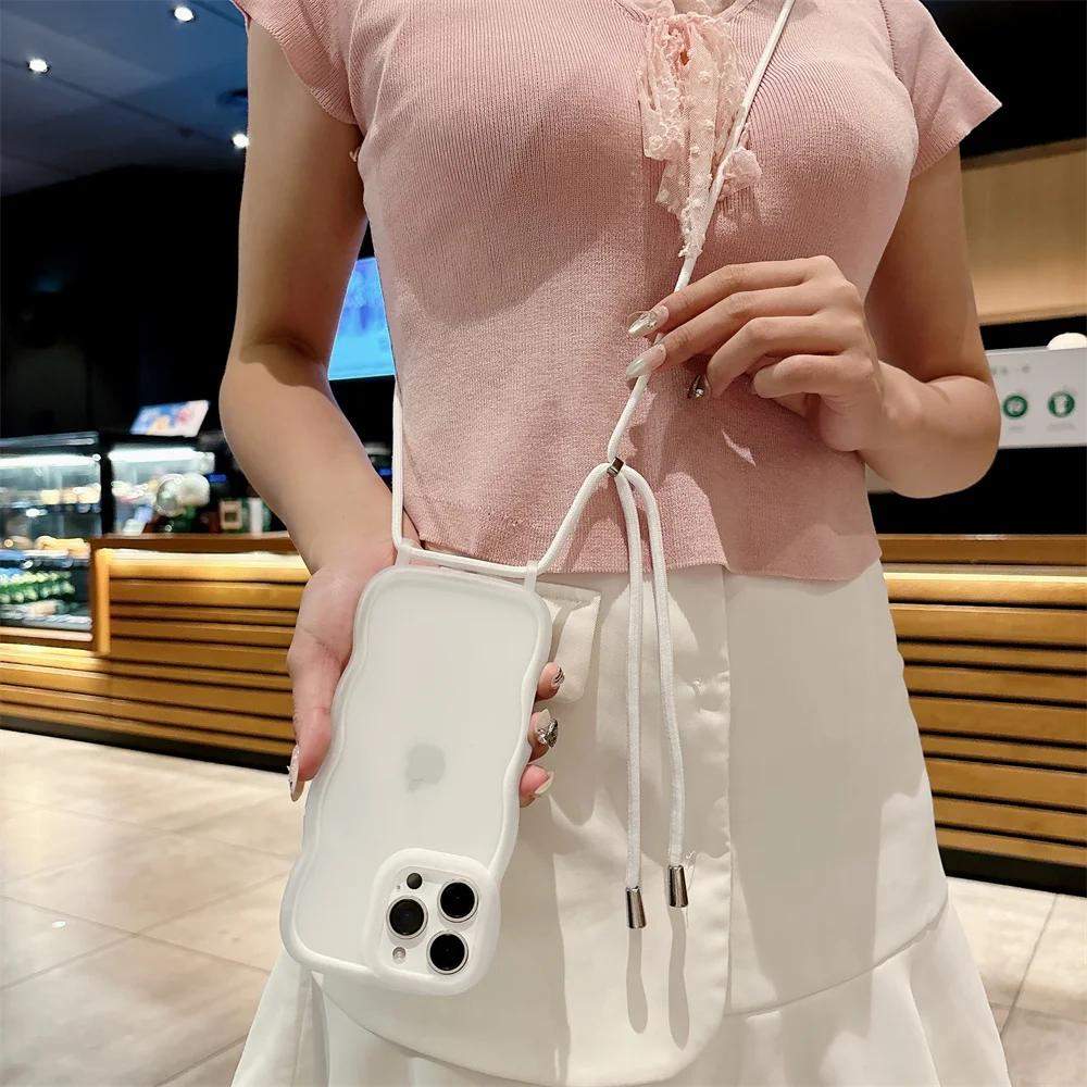Crossbody Adjustable Lanyard Phone Case for IPhone 16 Pro Max 15 14 13 Wave Edge Necklace Strap Rope Soft Silicone Cover