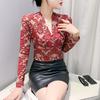 Retro Printed Long-sleeved Base Shirt for Women In Winter New Sexy V-neck Mesh Top Slim Pullover T-shirt
