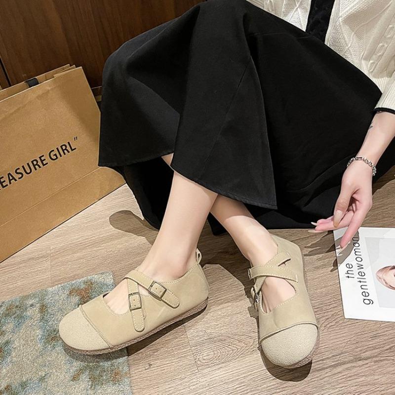 Autumn Women's Shoes Genuine Leather Casual Shoes Flat Soft Sole  Cross Buckle Comfortable Shoes