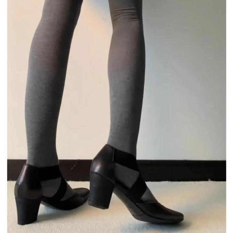 Women Pumps French Style Cowhide Summer Shoes Cross-Tied Woman Sandals Lady Spring Autum Retro Pumps Thick Heel 6.5 CM Round Toe