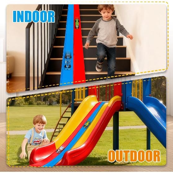 Flexibles Rennbahnspielzeug für Kinder 4,5 m mit 4 Autos & Saugnäpfen, Tragbare zweispurige Rennbahn kompatibel mit Hot Wheels & 1/64 Die-Cast-Autos,