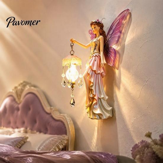 Elegant Entrance Hall Lighting Fairy Wall Night Light, Resin Elf Sculpture Lantern for Bedroom, 3D Faux Crystal Pendant Hanging Art Decor with
