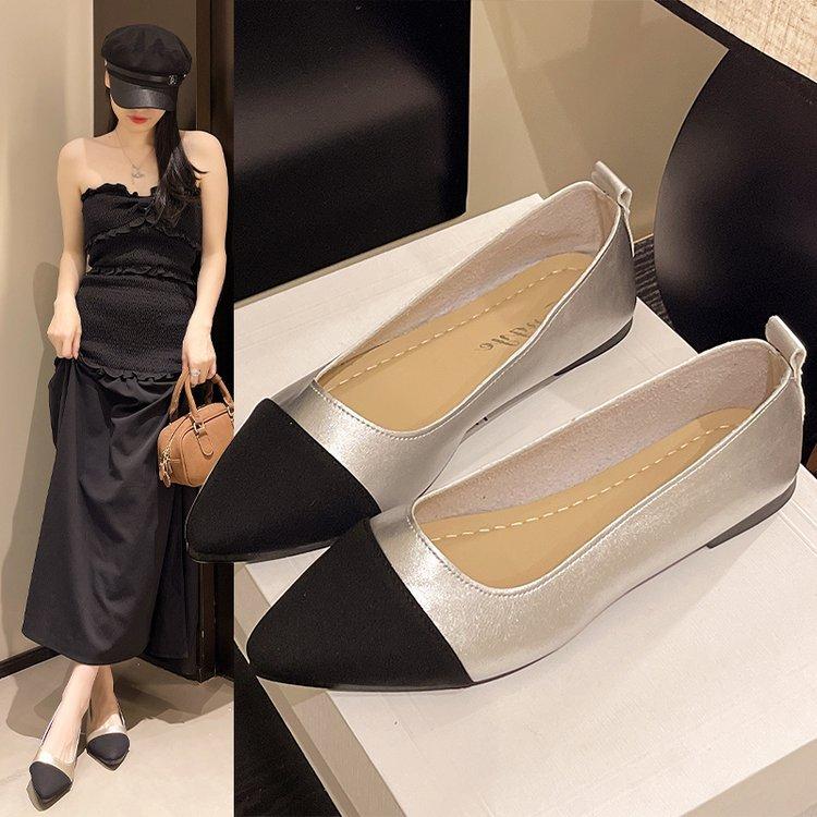 Xiaoxiangfeng Shallow Mouth Pointed Single Shoes Women's Fashion Color Matching One Pedal Flat-soled Small Leather Shoes Women's Shoe Sense Temperamen