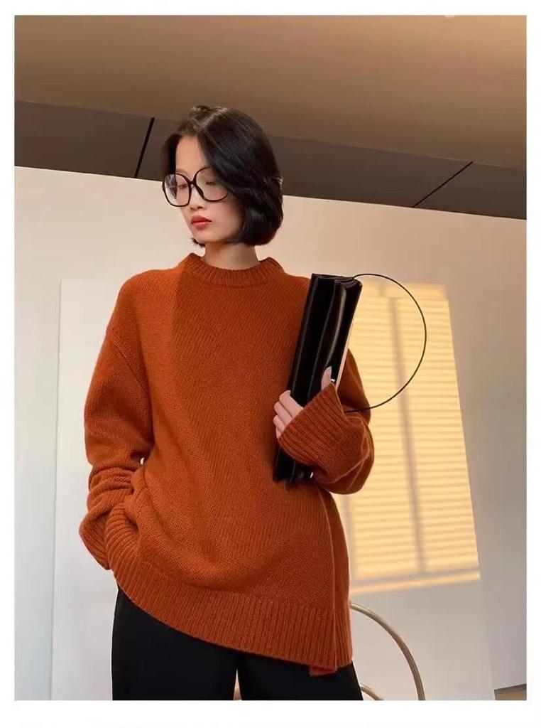 Women's 100% Wool Thick Loose Round Neck Plus Size Knit Sweater