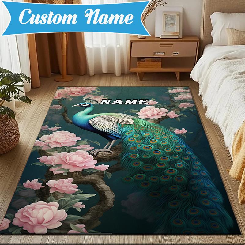Custom Name Peacock Flowers Romance Rug Game Carpet, Floor Mat for Bedroom Living Room Entryway Rug, Home Decor Idea Gift for Christmas Birthday