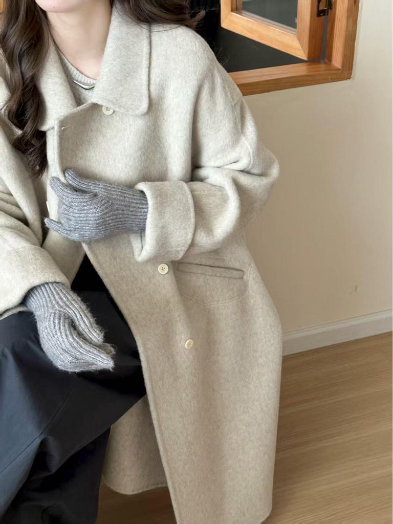 New Korean Style Double-Breasted Candy Color Wool Coat with Peter Pan Collar for Girls - Autumn/Winter Collection.