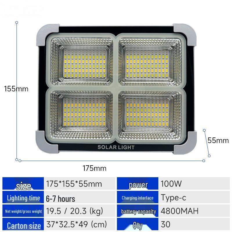 Ultra-Bright Solar Rechargeable Waterproof Portable Floodlight for Outdoor Camping and Night Market Emergencies