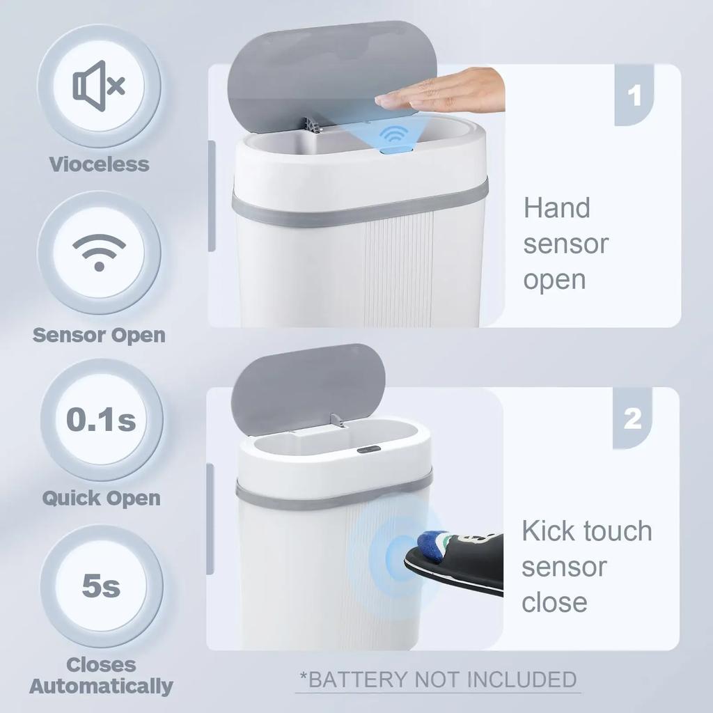 12L Smart Sensor Touchless Automatic Closing Trash Can Battery Powered for Kitchen Bathroom House Office
