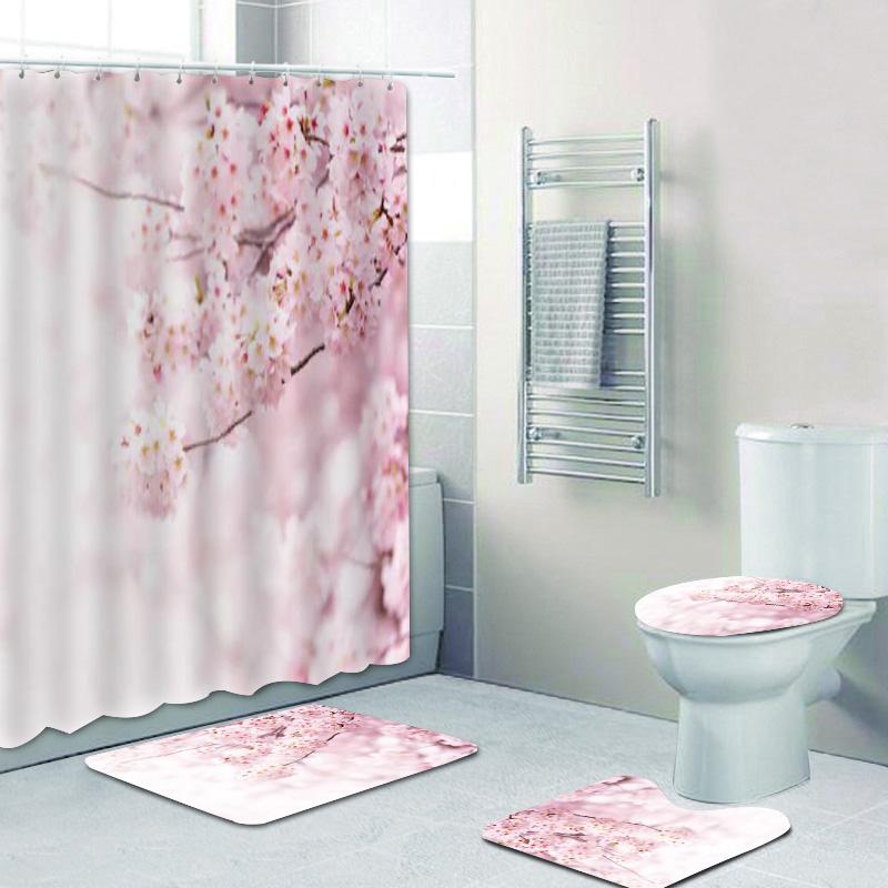 Chic Floral Pink Cherry Blossoms Shower Curtain Set Bathroom Cherry Sakura Flowers Branch Bath Curtains Mats Rugs Set Home Decor