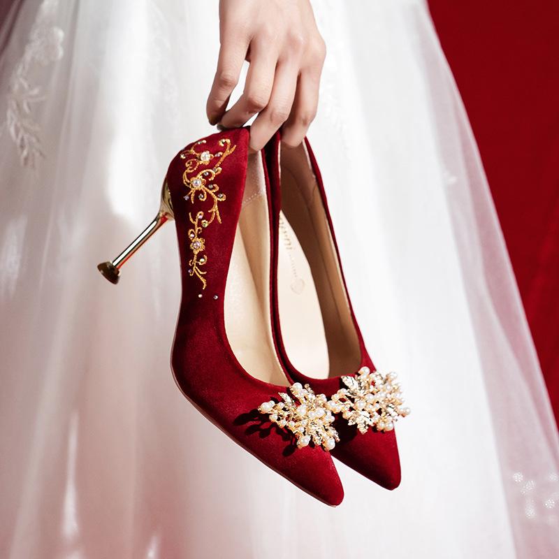 Red wedding shoes women's thin heels rhinestone wedding bride shoes autumn new high heels engagement show he wedding dress shoes
