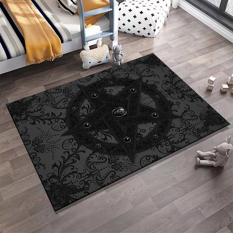Black Carpet with Pentagram and Gothic Floral Design Pattern Suitable for use as an anti-slip for living room bedroom sofas