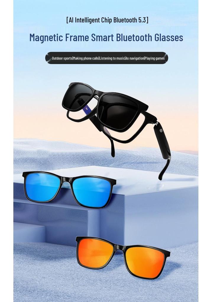Bluetooth Smart Glasses: Polarized Sunglasses with Clip-on, Replaceable Prescription Lenses for Music, Calls, and Driving.