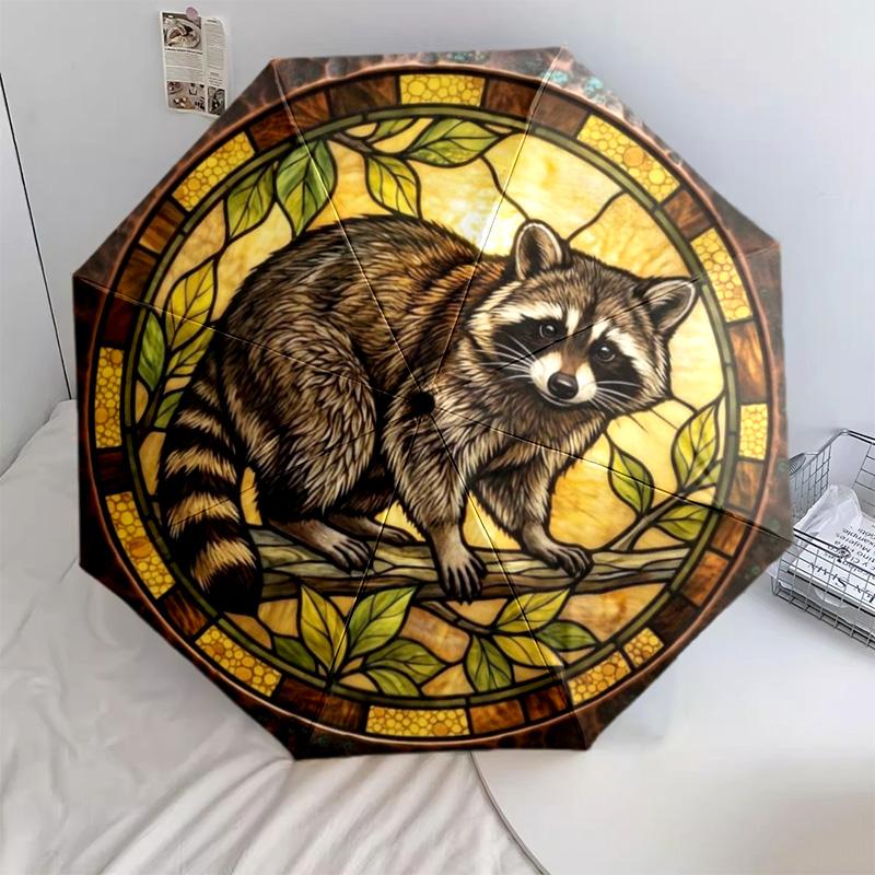

1 PC Raccoon Automatic Folding Umbrella - Cartoon Pattern, Portable & Foldable Design with 24 Ribs, Christmas Birthday Gifts