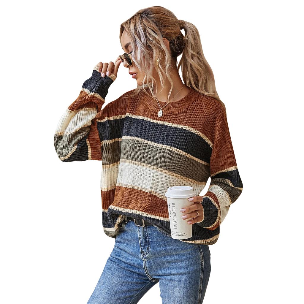 Women's Fashion Round Neck Sweater Lazy Loose Classic Striped Long Sleeves