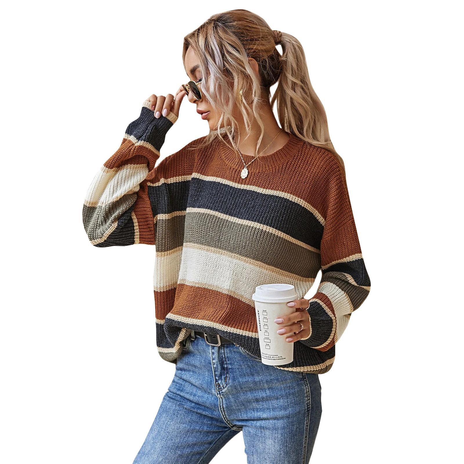 

Женский модный свитер с круглым вырезом, ленивый свободный классический полосатый с длинными рукавами L