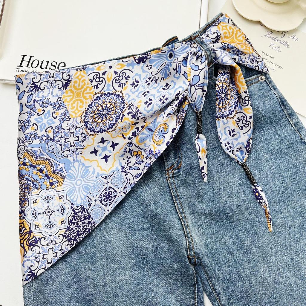 Všestranný etnický hedvábný šátek: Dámský pásek na zavazování v pase, trojúhelníkový pásek a cestovní doplněk