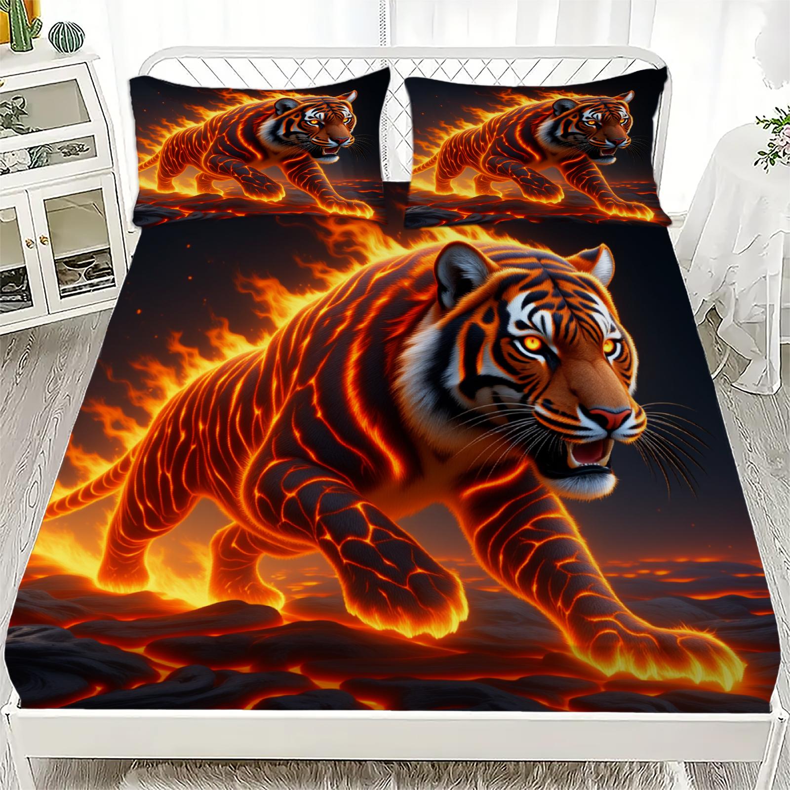 

3pcs Tiger Fitted Sheet Sets 3D Printed Fire Tiger Flat Sheets With Pillowcases No Filling For Teen Boys Hyper-Realistic Style 120x200x25cm