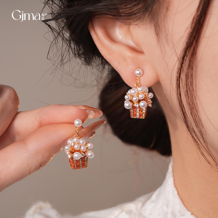 18K real gold electroplated silver needle zircon flower basket fireworks pearl stud earrings exquisite earrings women