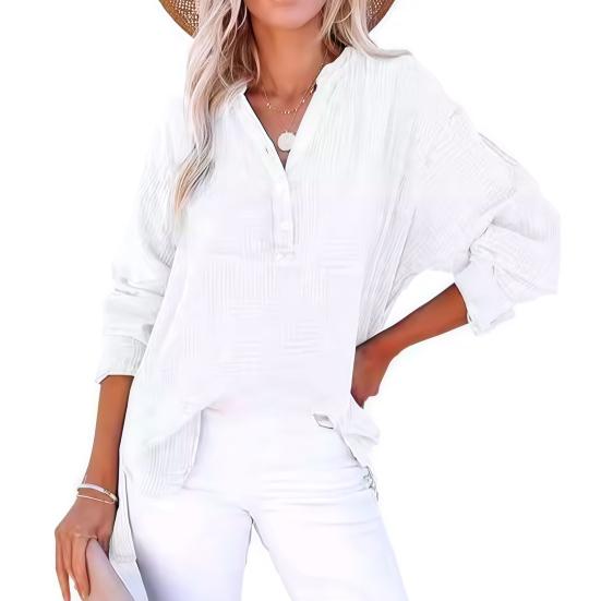 Women Shirt V-Neck Buttons Half Placket Long Sleeve Pullover Tops Solid Color Loose Fit Pleated Tops Casual Tee Daily Wear