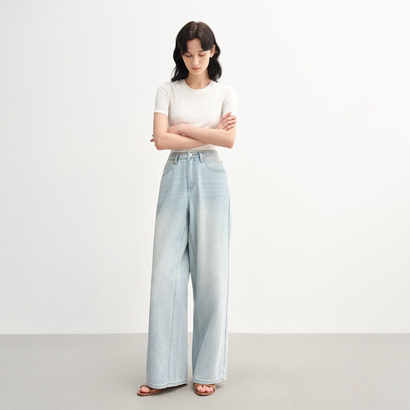 

Single Plus size Women s Clothing Light Color Denim Summer 2025 New arrival Fashion All-match high waist Stripes Patchwork Straight Pants Light cowboy Blue UK4