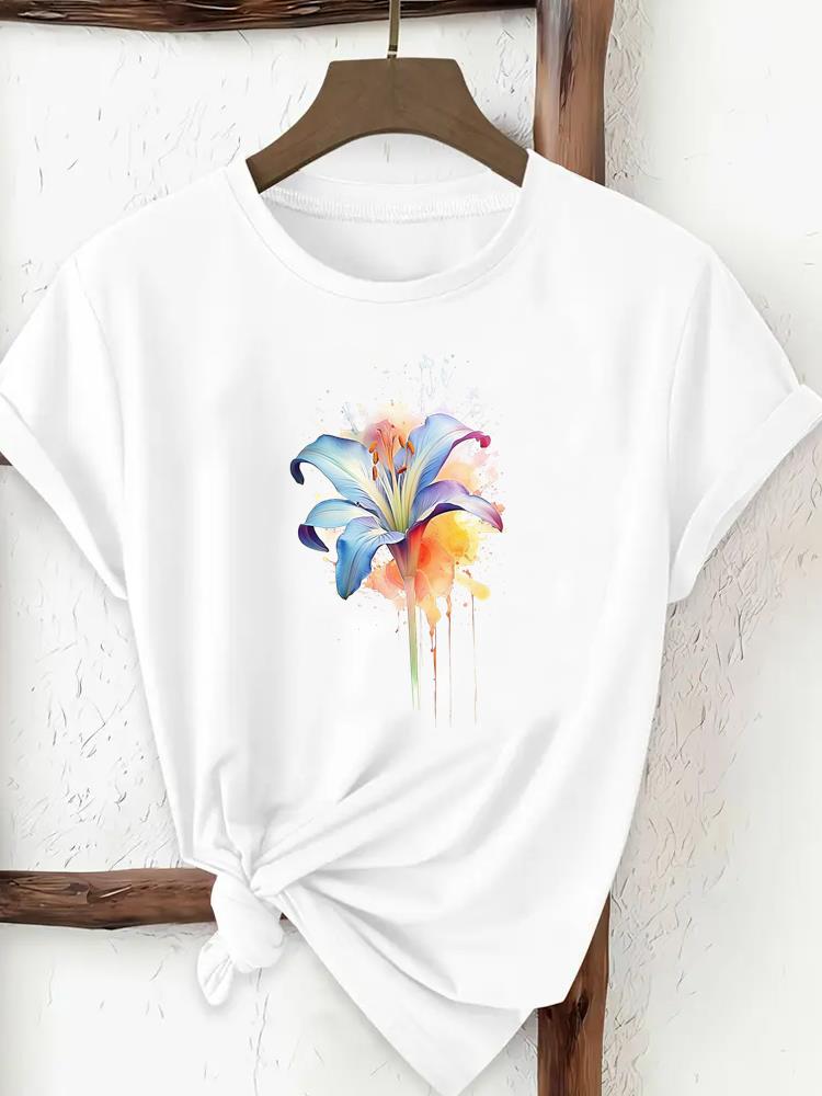 (Asian Size) Watercolor Flower Floral Women Clothing T Shirt Woman Print Tee Top Fashion Female Short Sleeve Graphic T-shirts