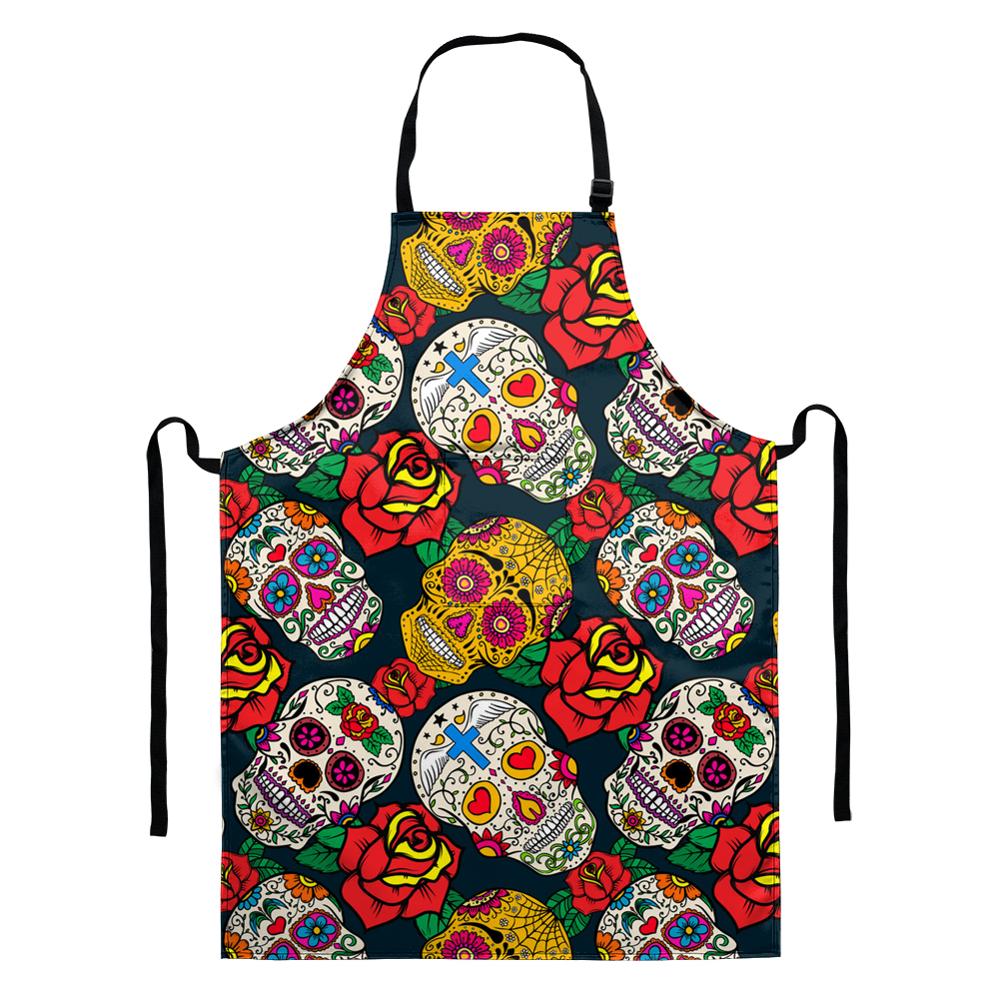 Küche Kochen Backschürze Cartoon-Skelett-Druck Küchenschürze Ärmellose Schürze Herren- und Damen-Haushaltsreinigungswerkzeuge