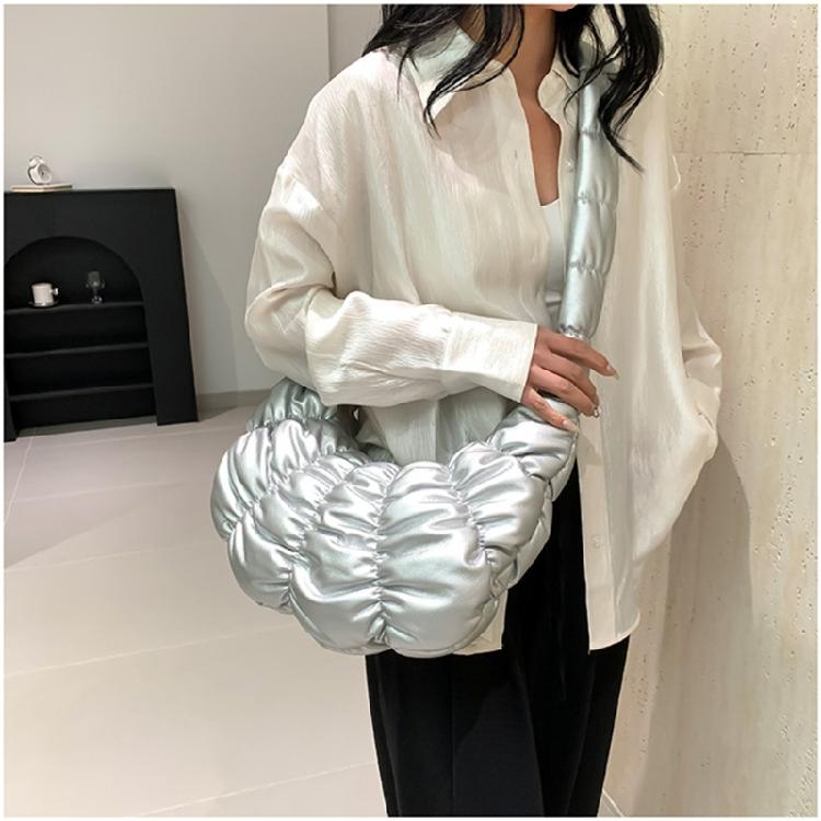 Women Solid Color PU Leather Shoulder Crossbody Bag Pleated Padded Handbag Purse