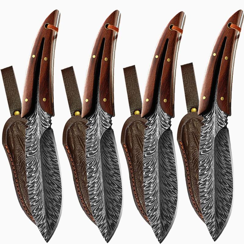 Kitchen Knife Butcher Boning Knife Feather Pattern Knife With Sheath Portable Stainless Steel Fruit Knives with Wooden Handle