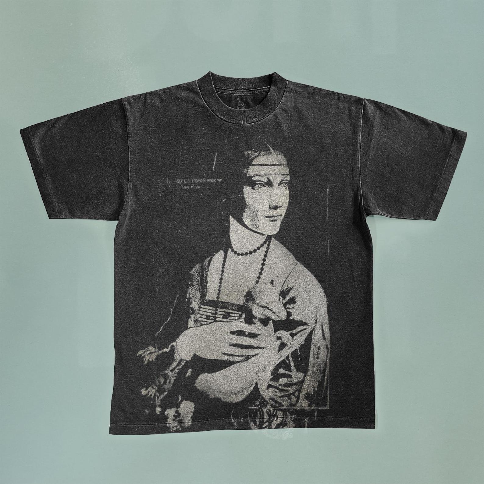Handmade Bleached Leonardo Da Vinci T-Shirt: Lady with an Ermine, Faded Black Cotton S