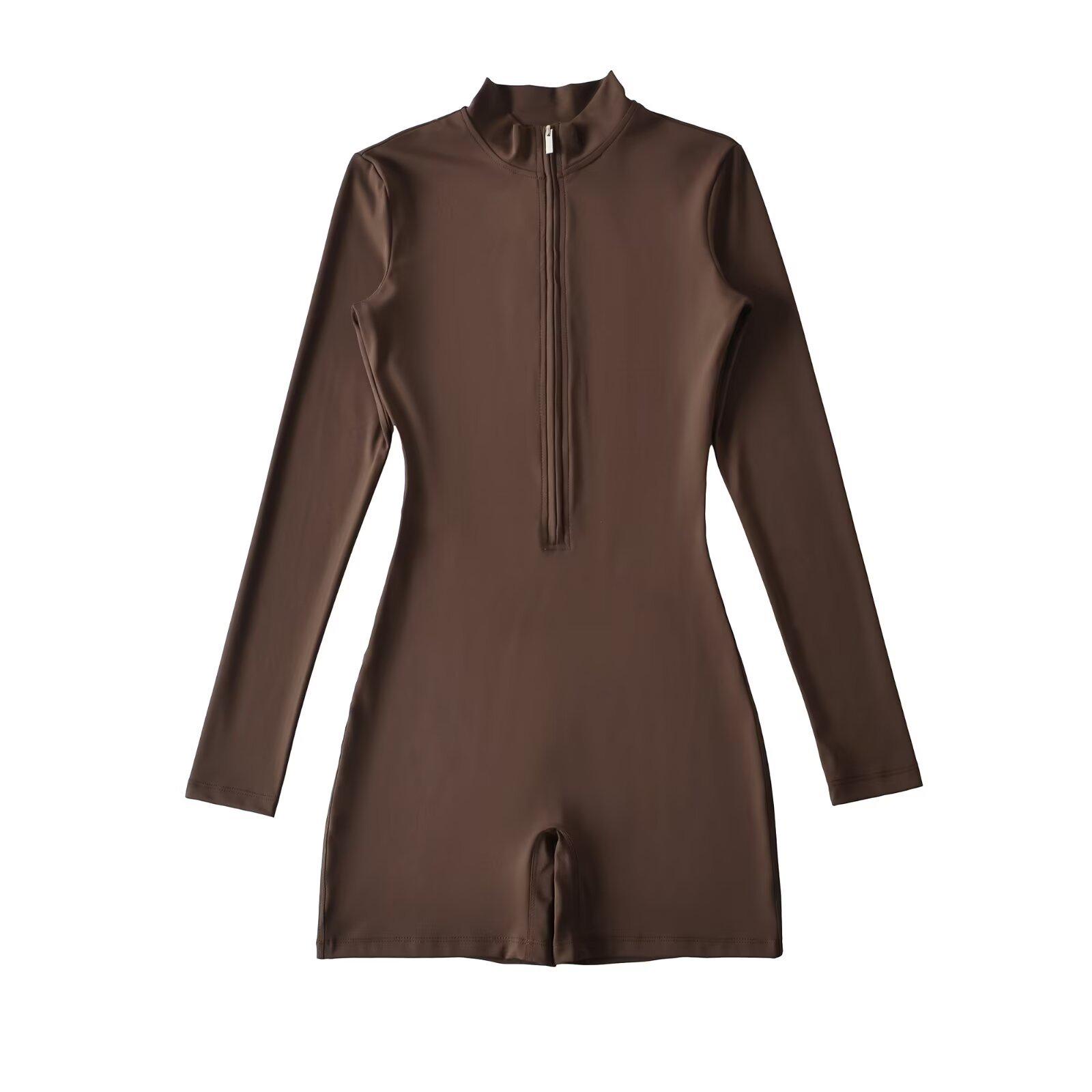 

Zipper Long Sleeve Fitness Bodysuit - European & American Yoga Leotard Small коричневий