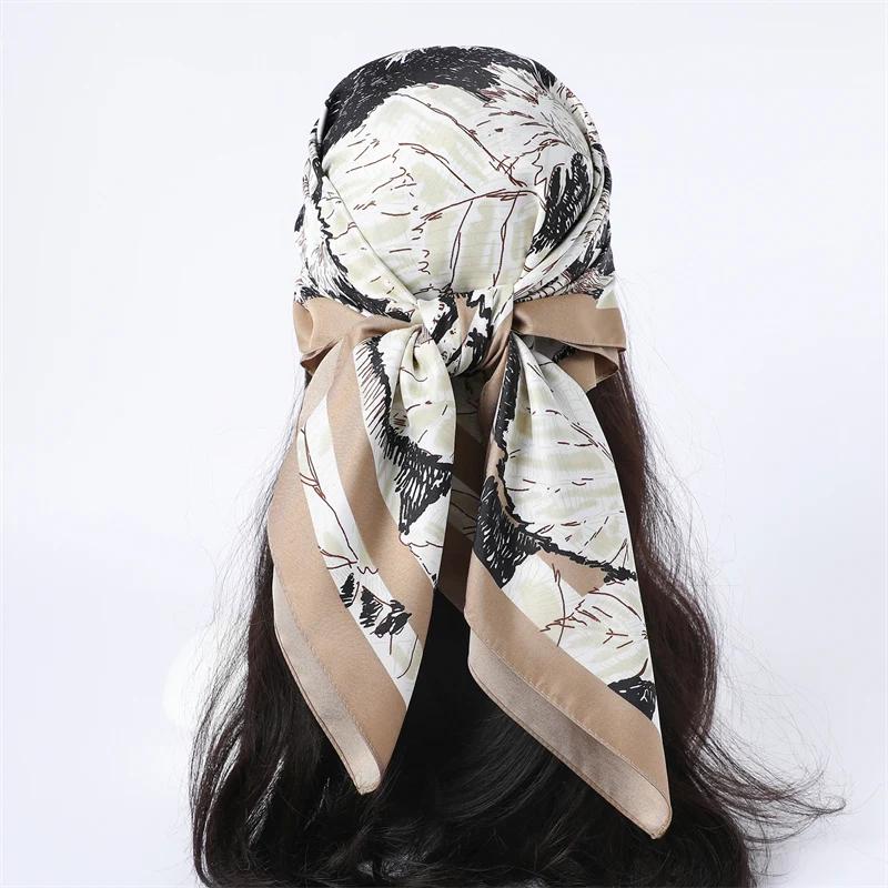 New 90cm Abstract Plants Print Square Silk Feeling Twill Scarf Women Spring Hair Band Hijab Foulard Neckerchief Shawl Wraps 2025