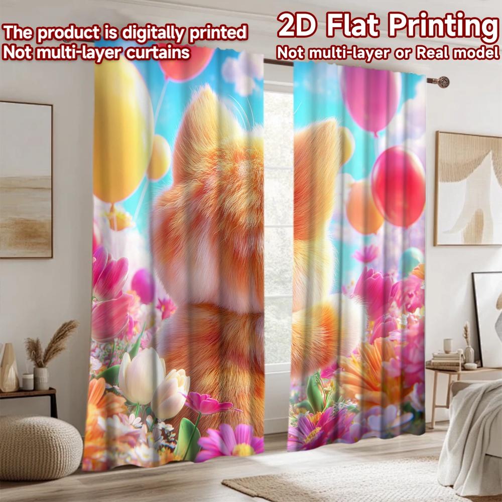 2D flat printing 2pcs Party Curtains Cute Cat Flower Field Easter Digital Printed Polyester Drapes Seasonal Party & Holiday