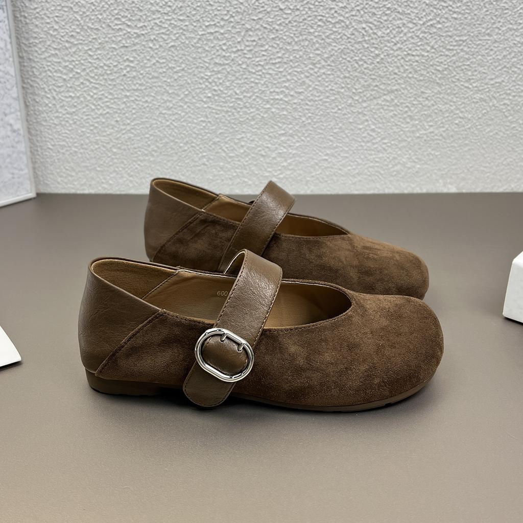 Leopard print retro Mary Jane single shoes women's autumn new round head one-word buckle flat bottom two wear ballet small leather shoes