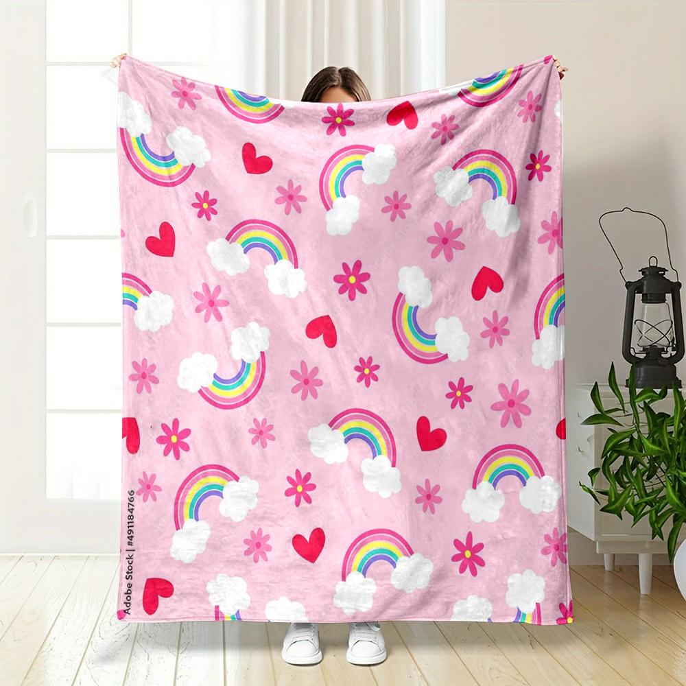 Colorful Rainbows, Hearts, and Flowers Flannel Blanket for Bedroom Living Room Sofa and Nap