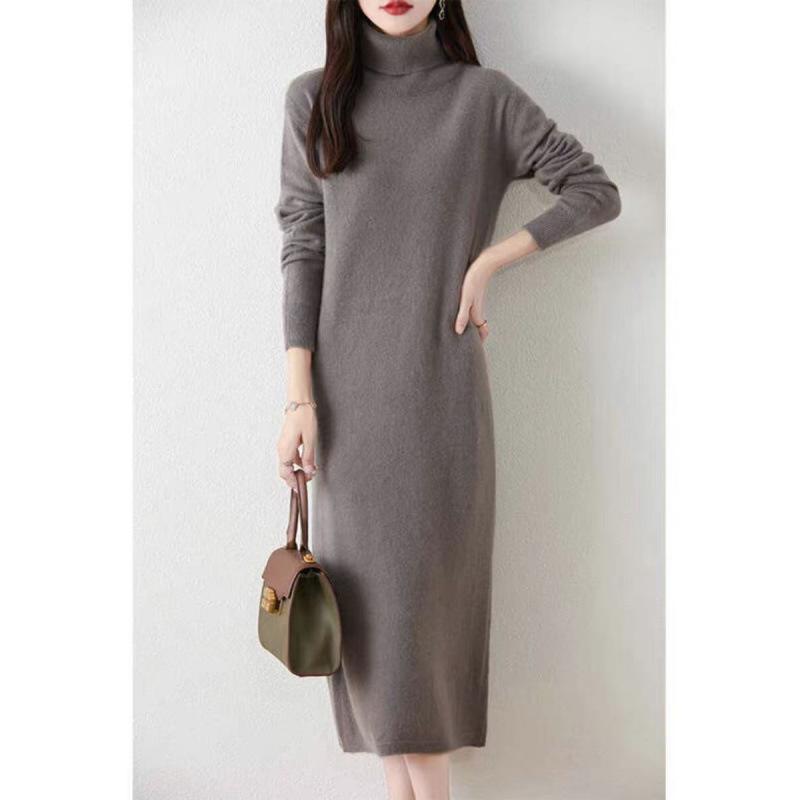 Dámské přeshraniční pletené šaty z čisté vlny s vysokým výstřihem: Zeštíhlující, Volný střih, Nad koleno, Střední délka.