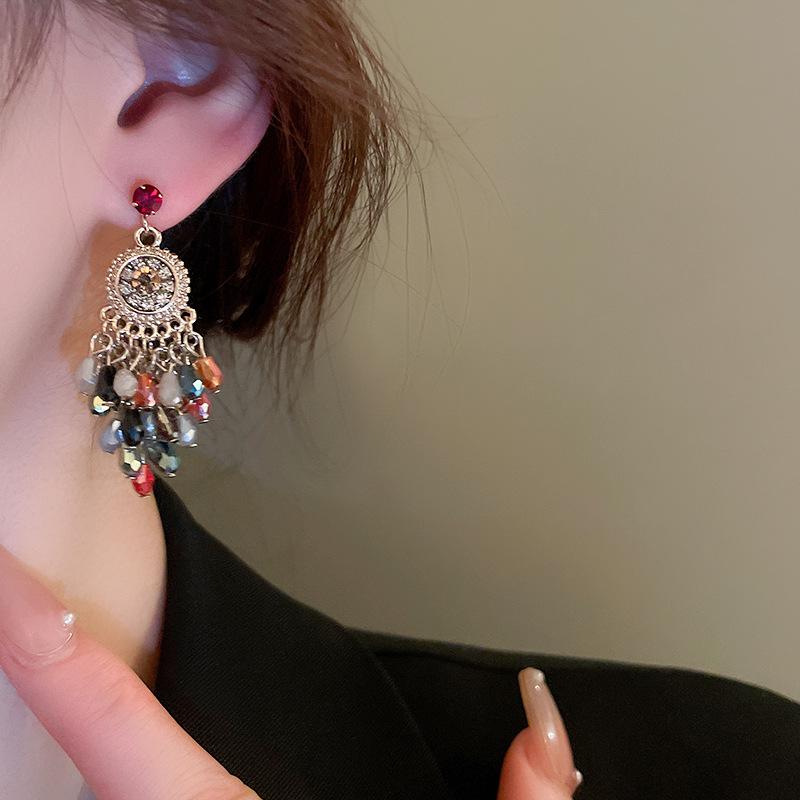 Bohemian Rhinestone Crystal Flower Tassel Silver Earrings - Vintage Ethnic High-End Jewelry
